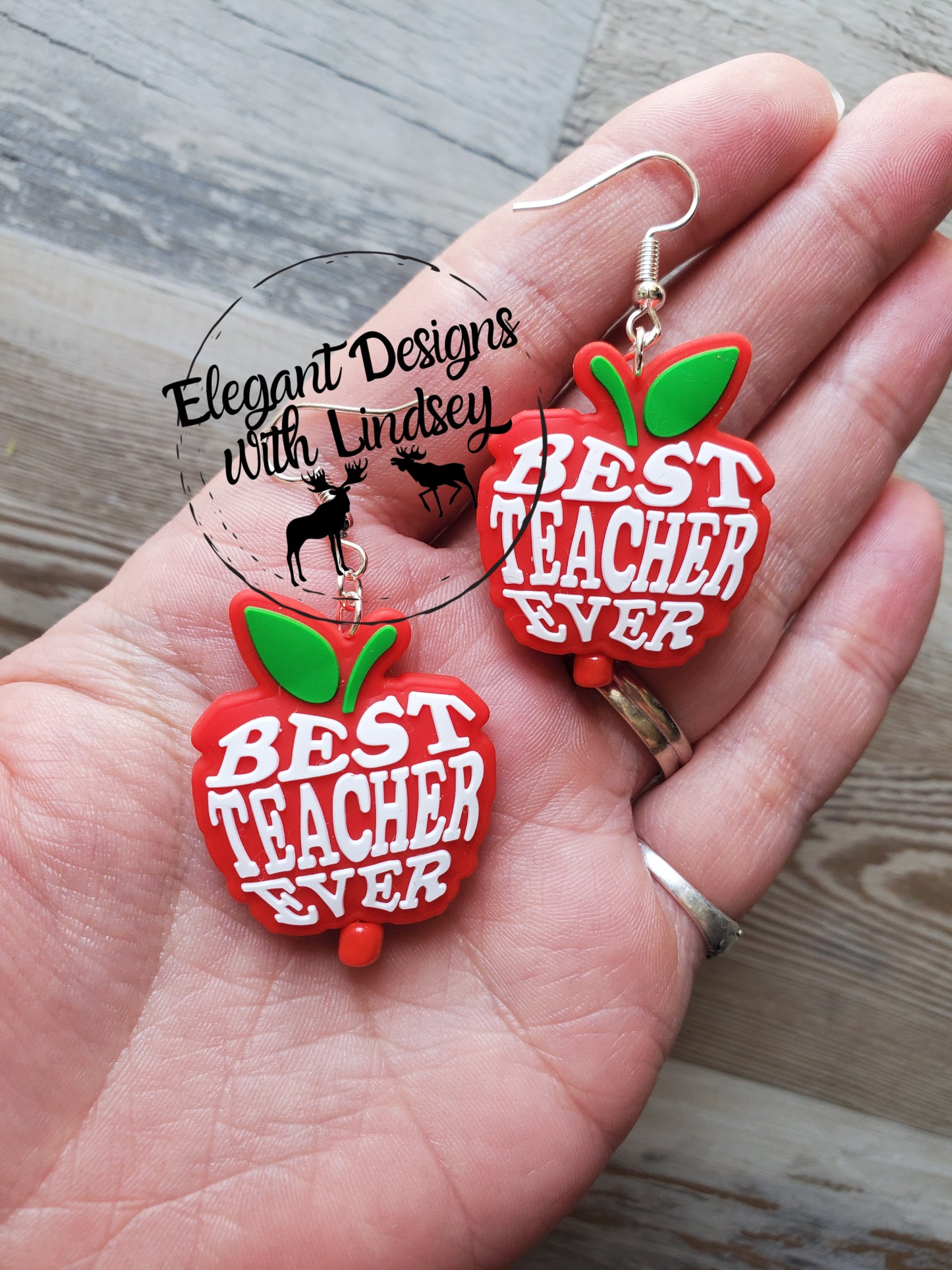 Red Apple Best Teacher Ever Silicone Bead Earrings