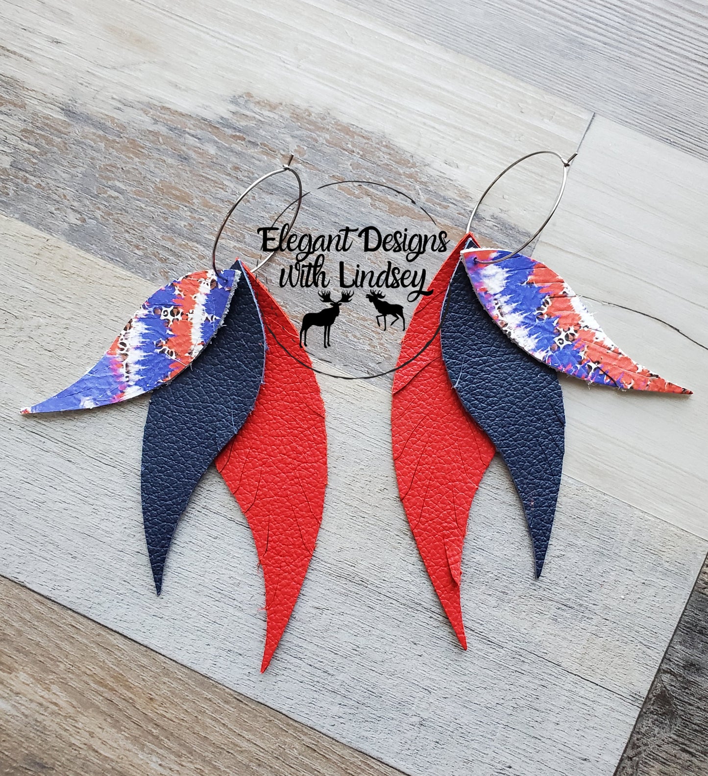 Patriotic Tye-Dye 3 Layer Feather Genuine Leather (4 ways) Hoop Earrings