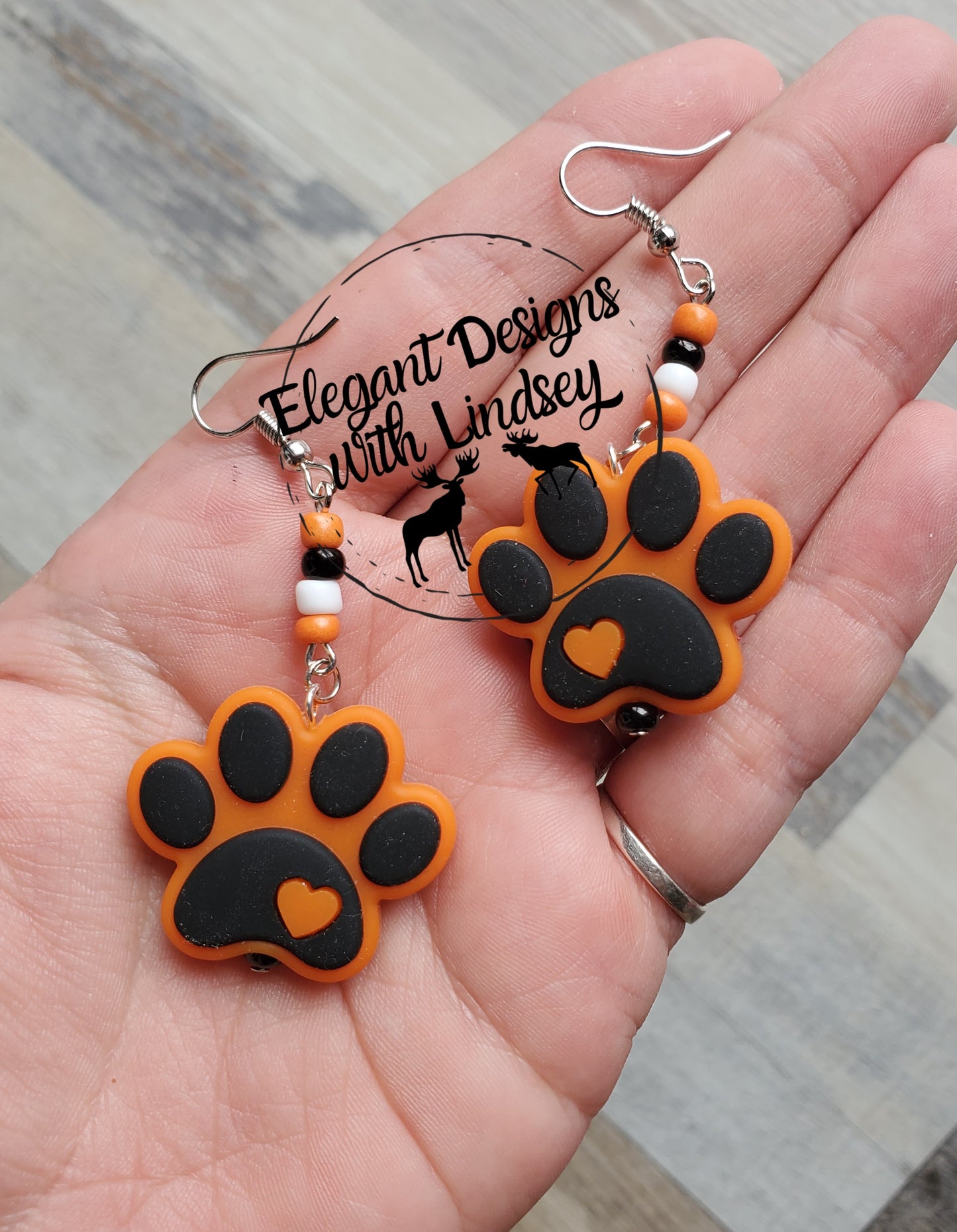 Orange/Black Paw Print Silicone Bead Earrings