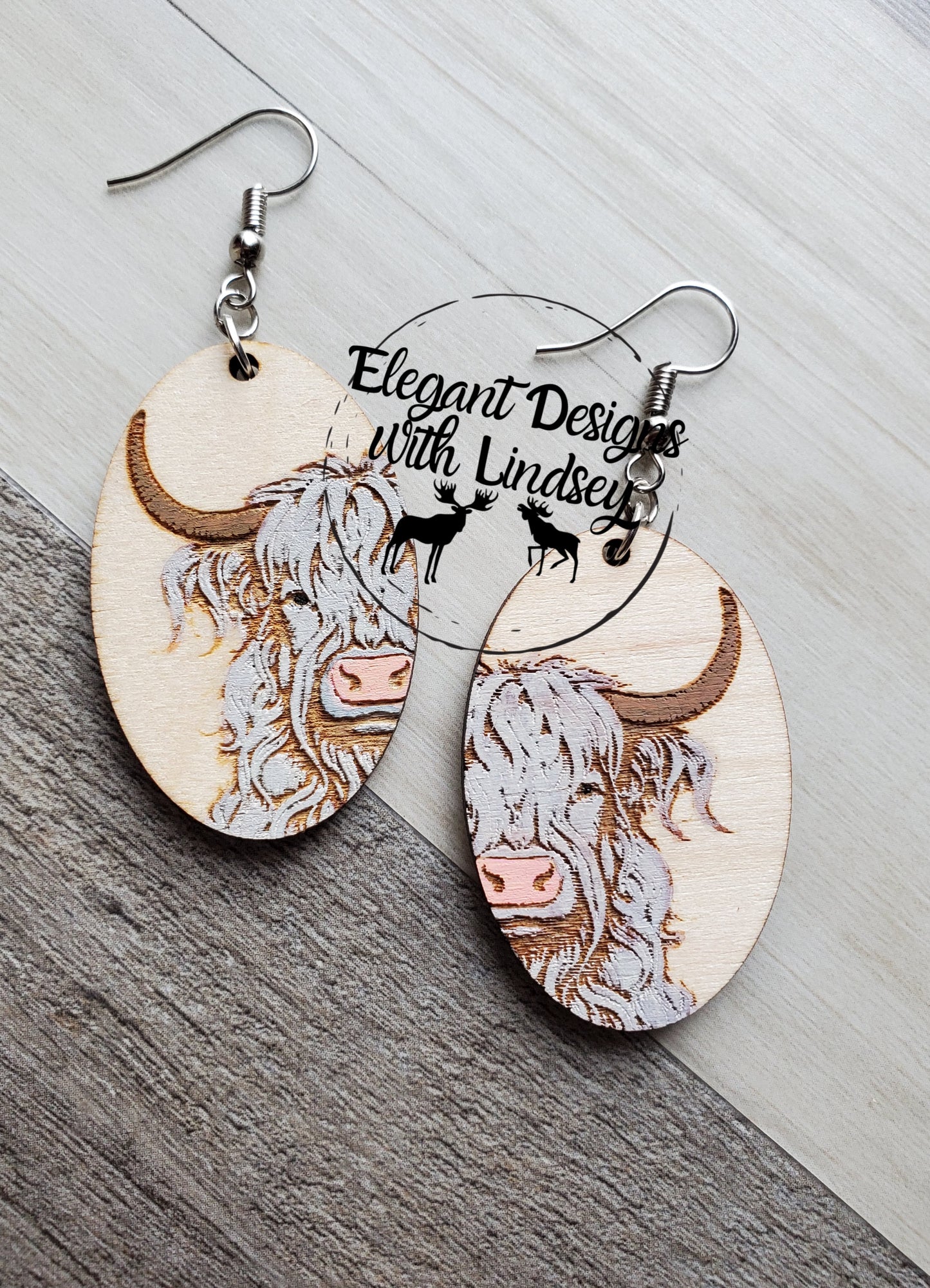 Gray Hyland Cow Hand Painted Wood Earrings