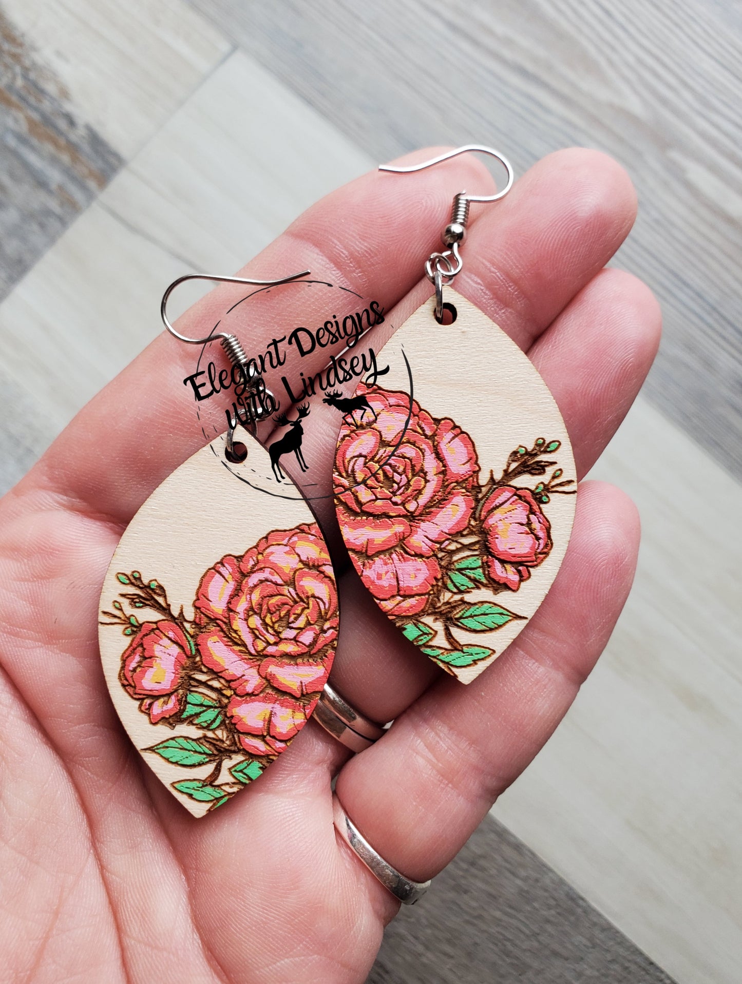 Rose Hand Painted Wood Earrings