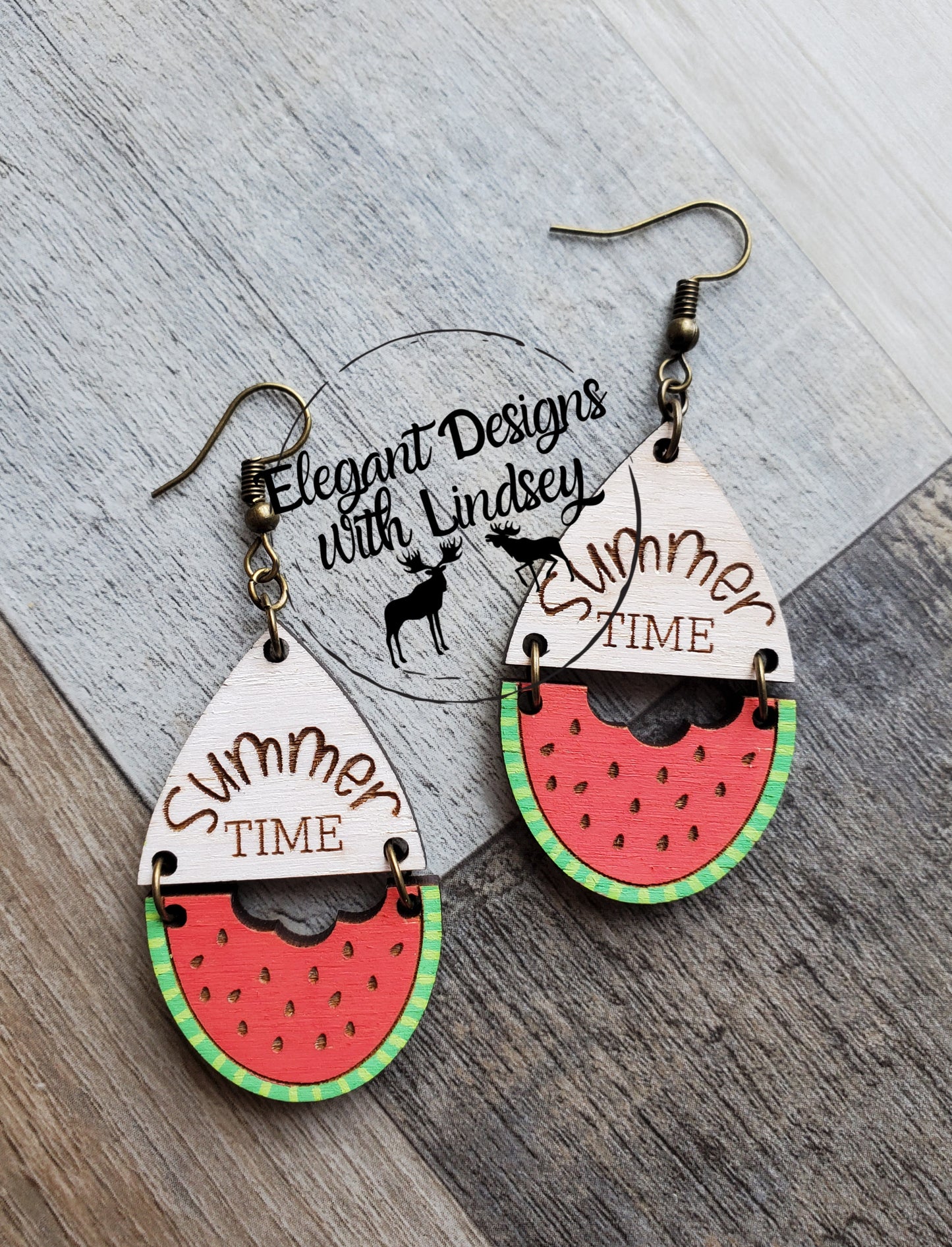 Watermelon Whitewashed Summer Time Hand Painted Wood Earrings