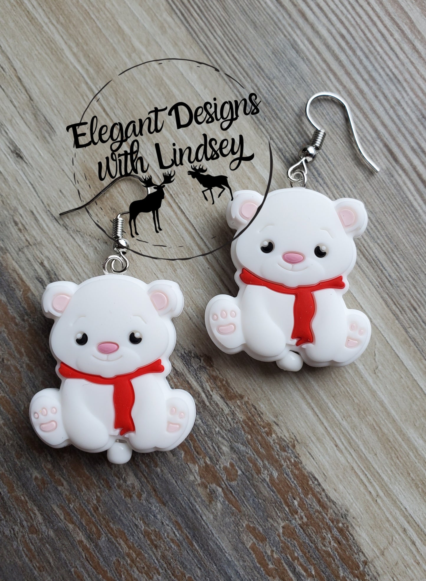 Red Scarf Polar Bear Silicone Bead Earrings