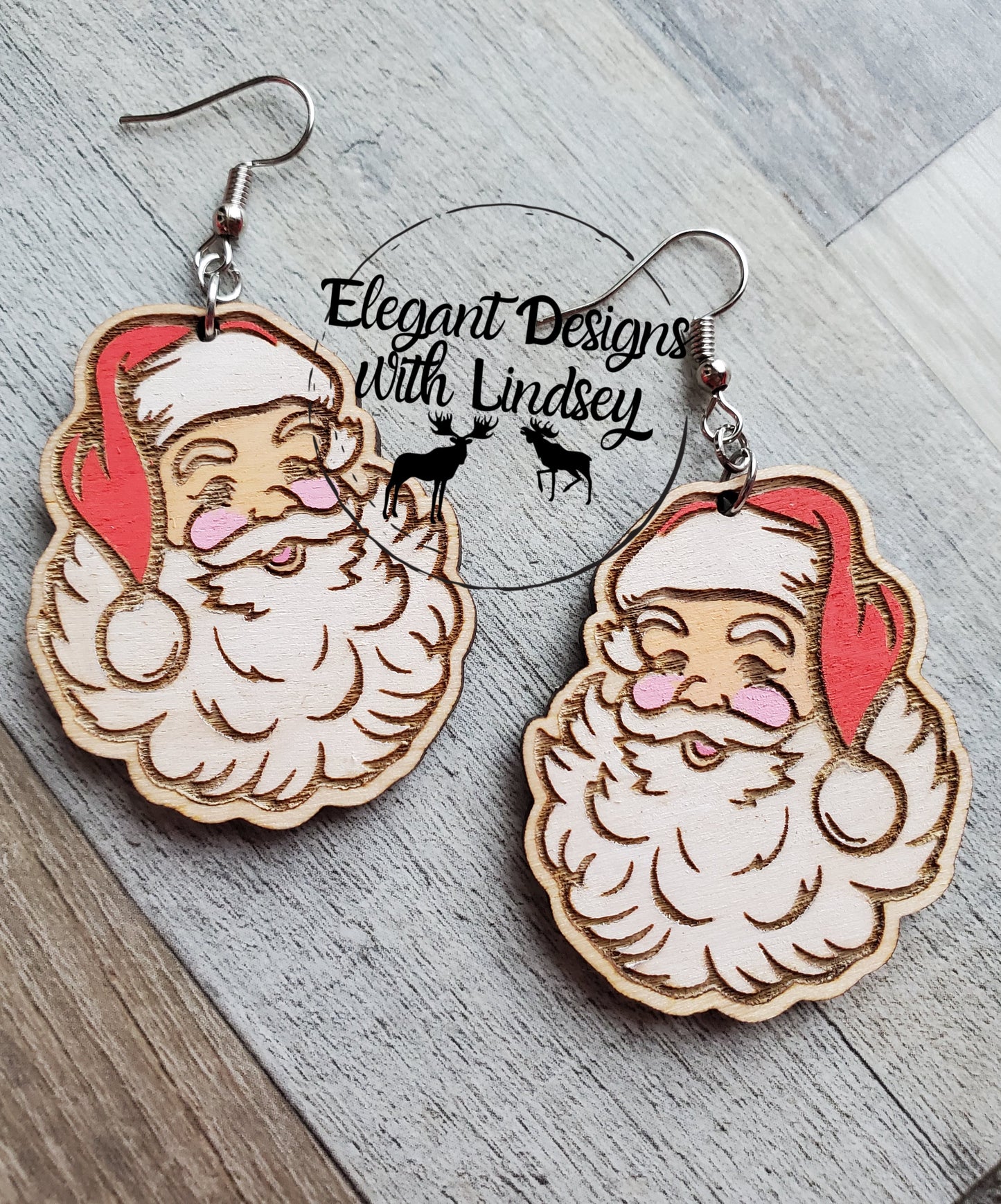 Hand Painted Vintage Santa Wood Earrings