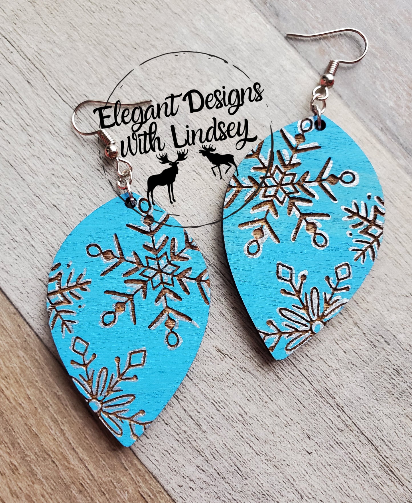 Blue/Silver Hand Painted Snowflake Wood Earrings