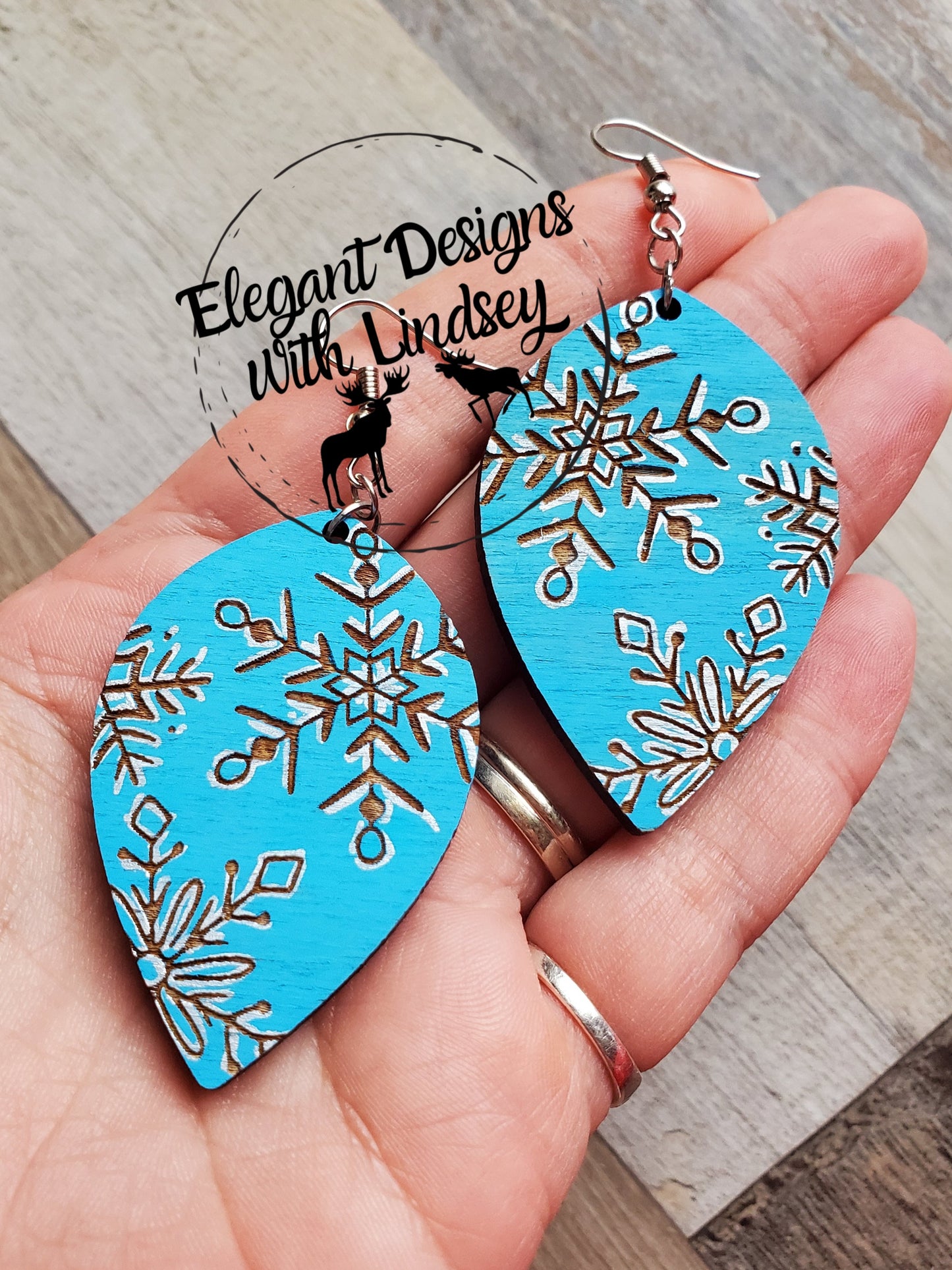 Blue/Silver Hand Painted Snowflake Wood Earrings