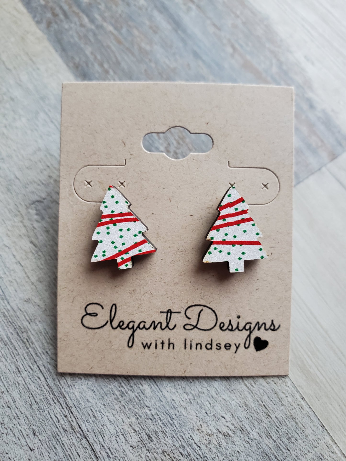 Snack Cake Christmas Tree Printed Wood Stud Earrings