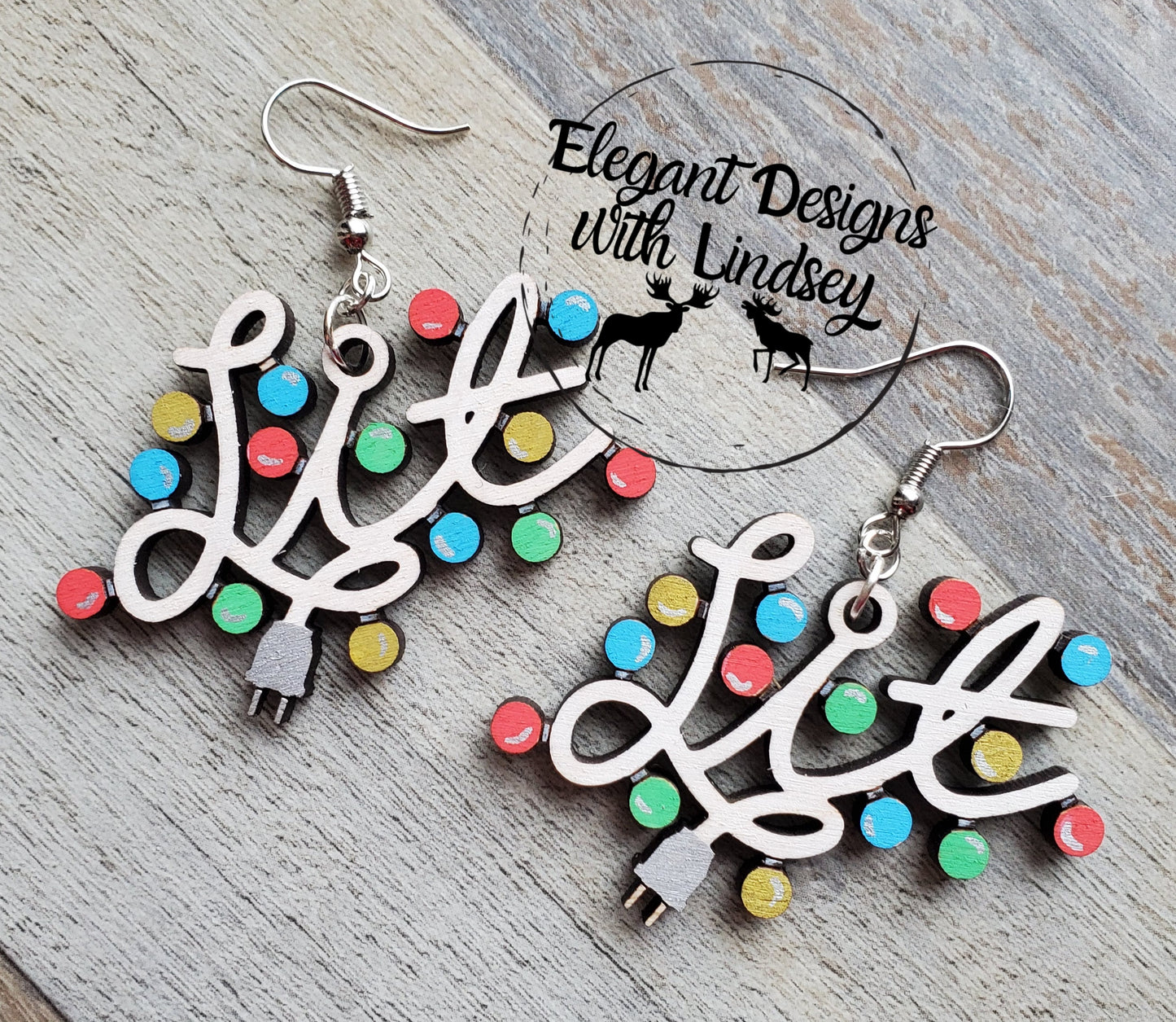 White Hand Painted Lit Christmas lights Wood Earrings