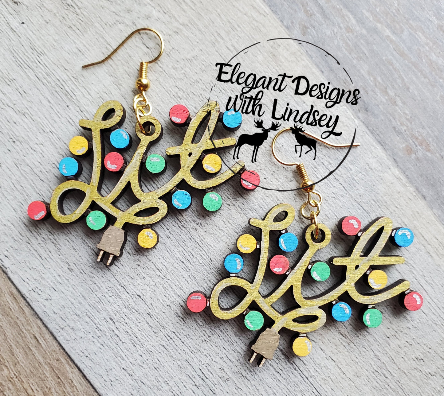 Gold Hand Painted Lit Christmas lights Wood Earrings