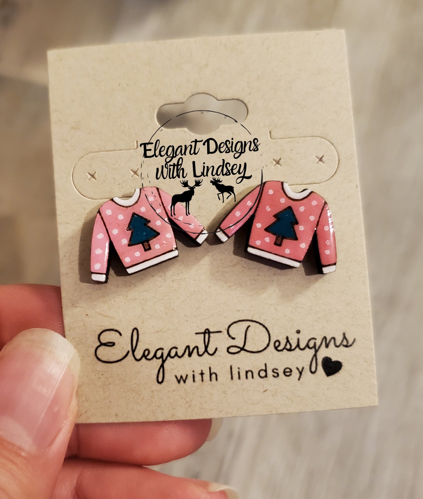 Pink Ugly Christmas Sweater Hand Painted Wood/Resin Stud Earrings