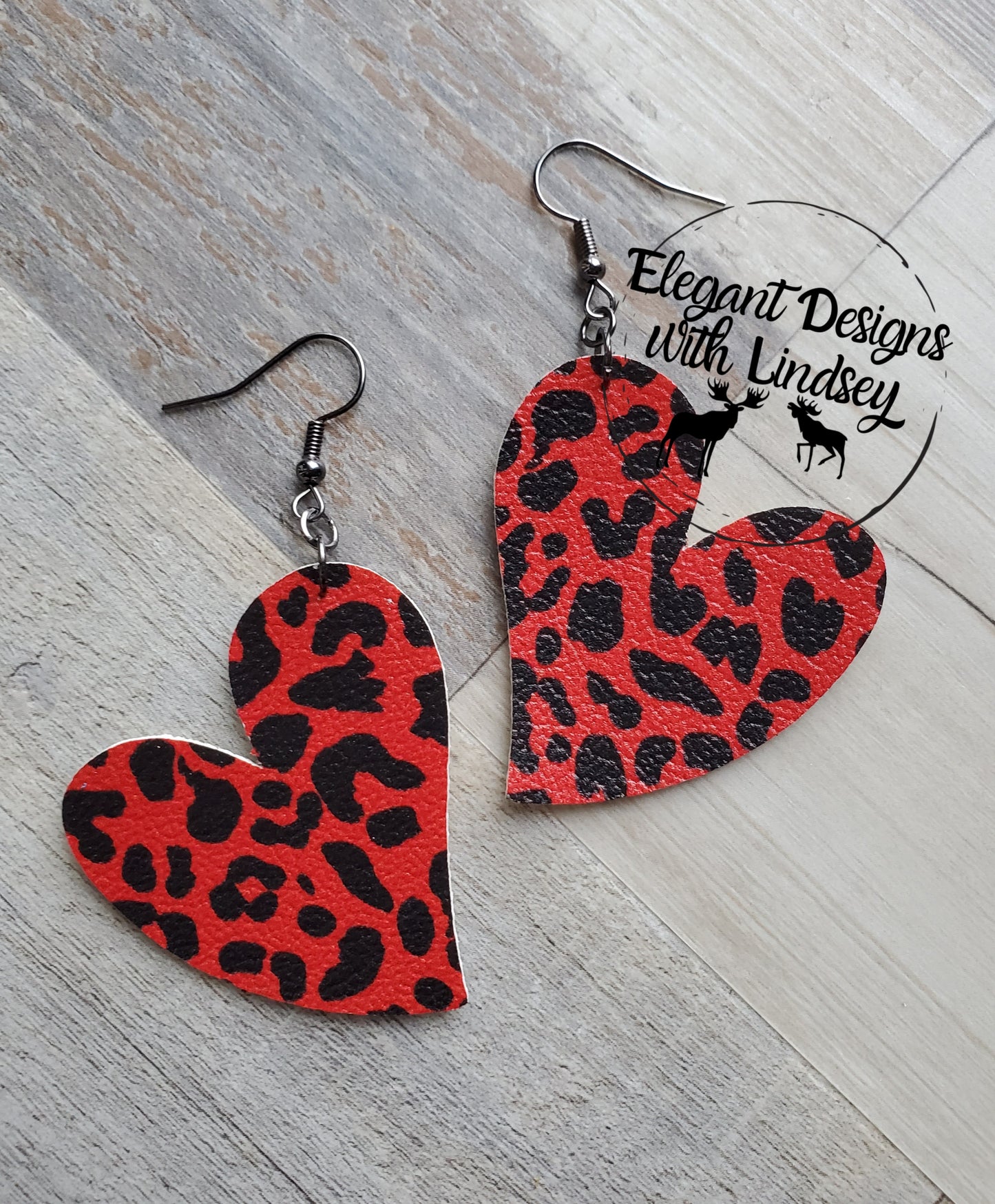 Red Cheetah Heart Faux Leather Earrings