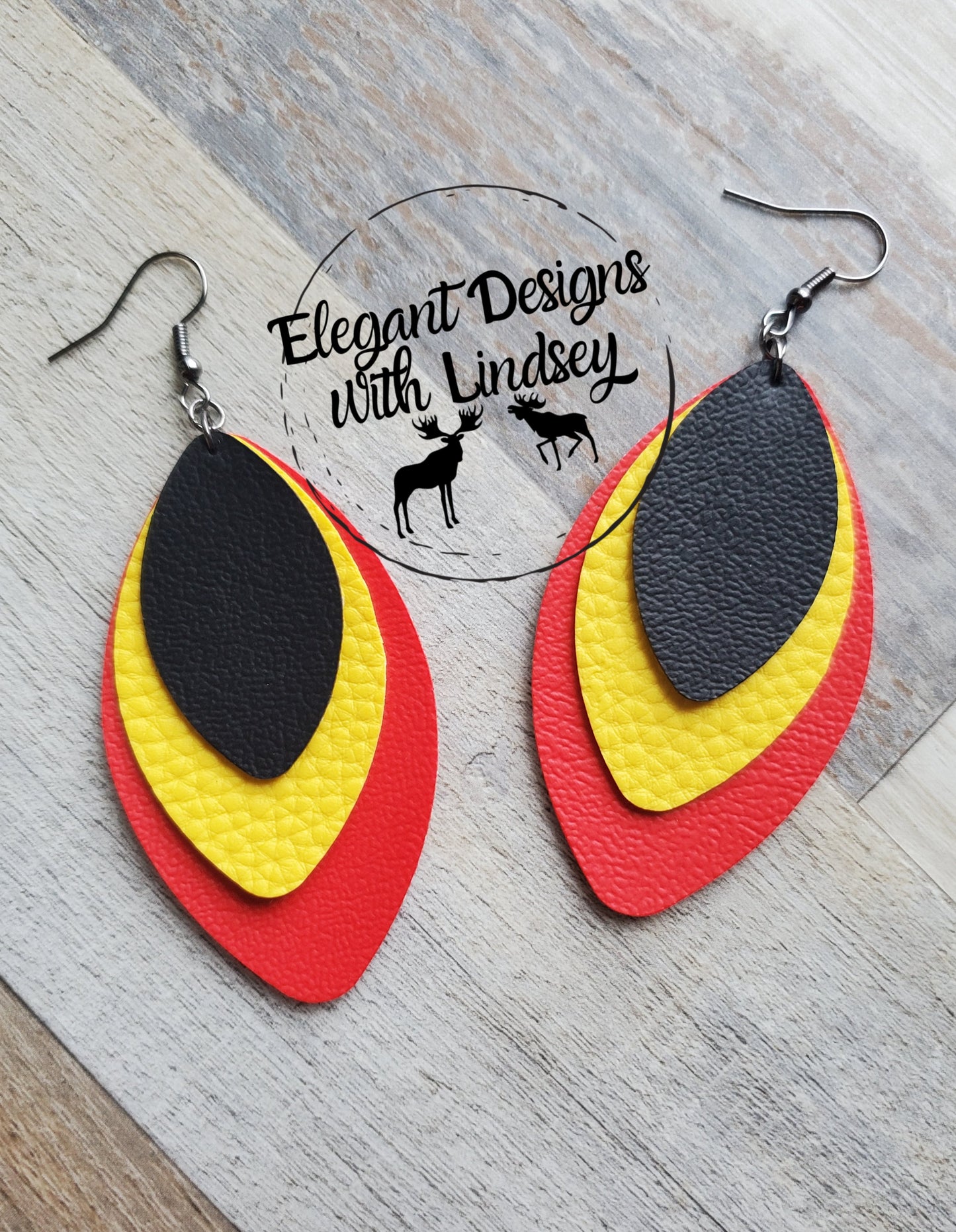 Red/Yellow/Black 3 Layer Faux Leather Earrings