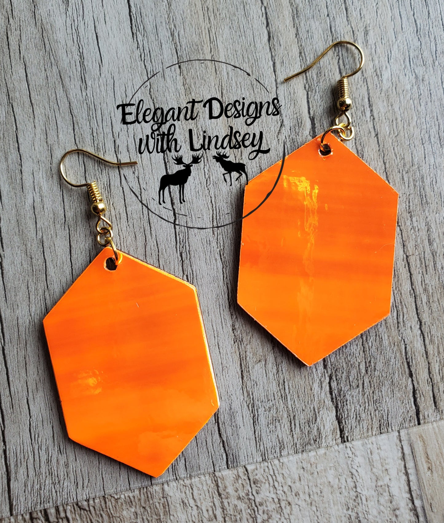 Orange Pearl Flat Peal Hexagon Wood Earrings