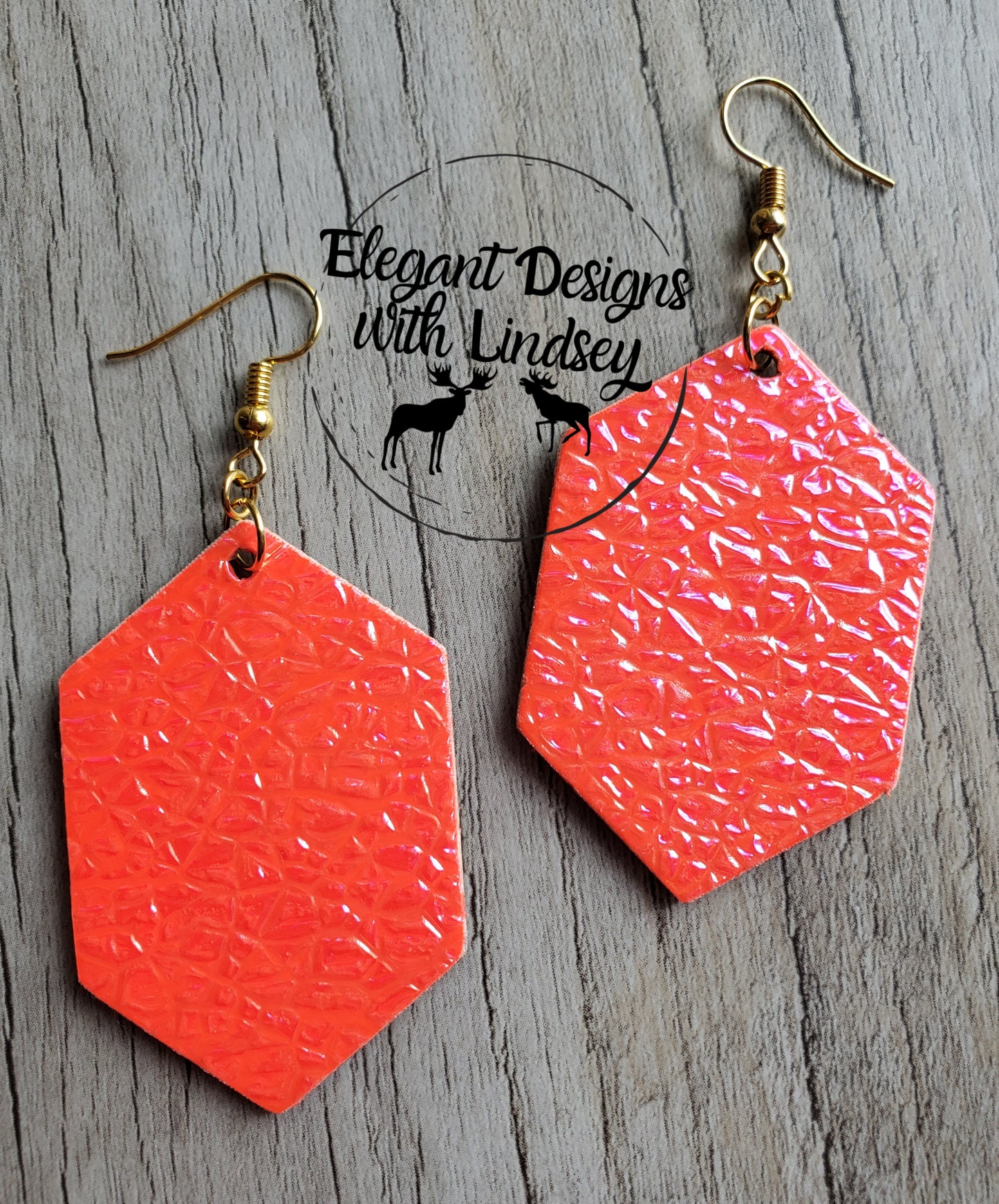 Hot Red Crushed Peal Hexagon Wood Earrings