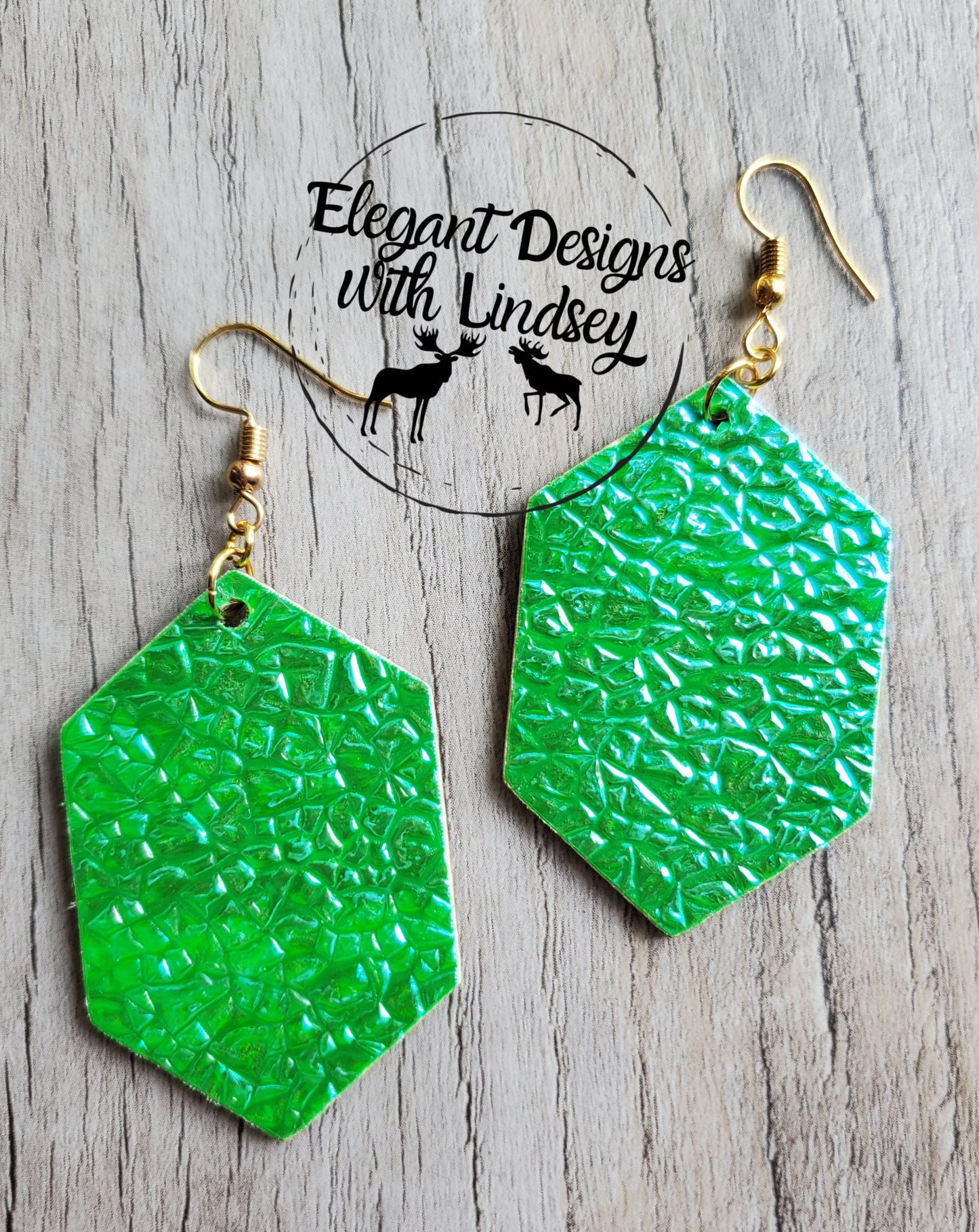 Hot Green Crushed Peal Hexagon Wood Earrings