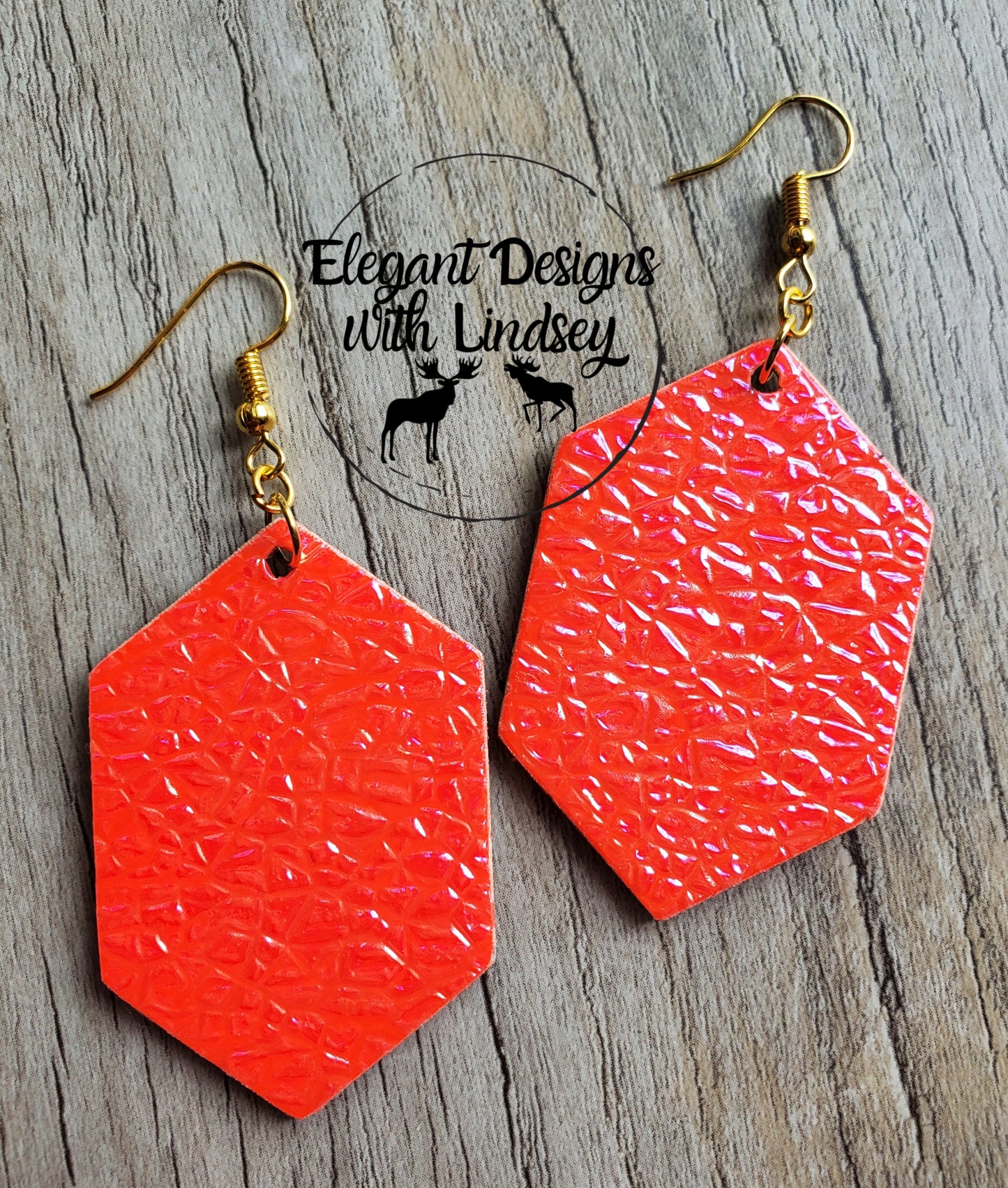 Hot Orange Crushed Peal Hexagon Wood Earrings