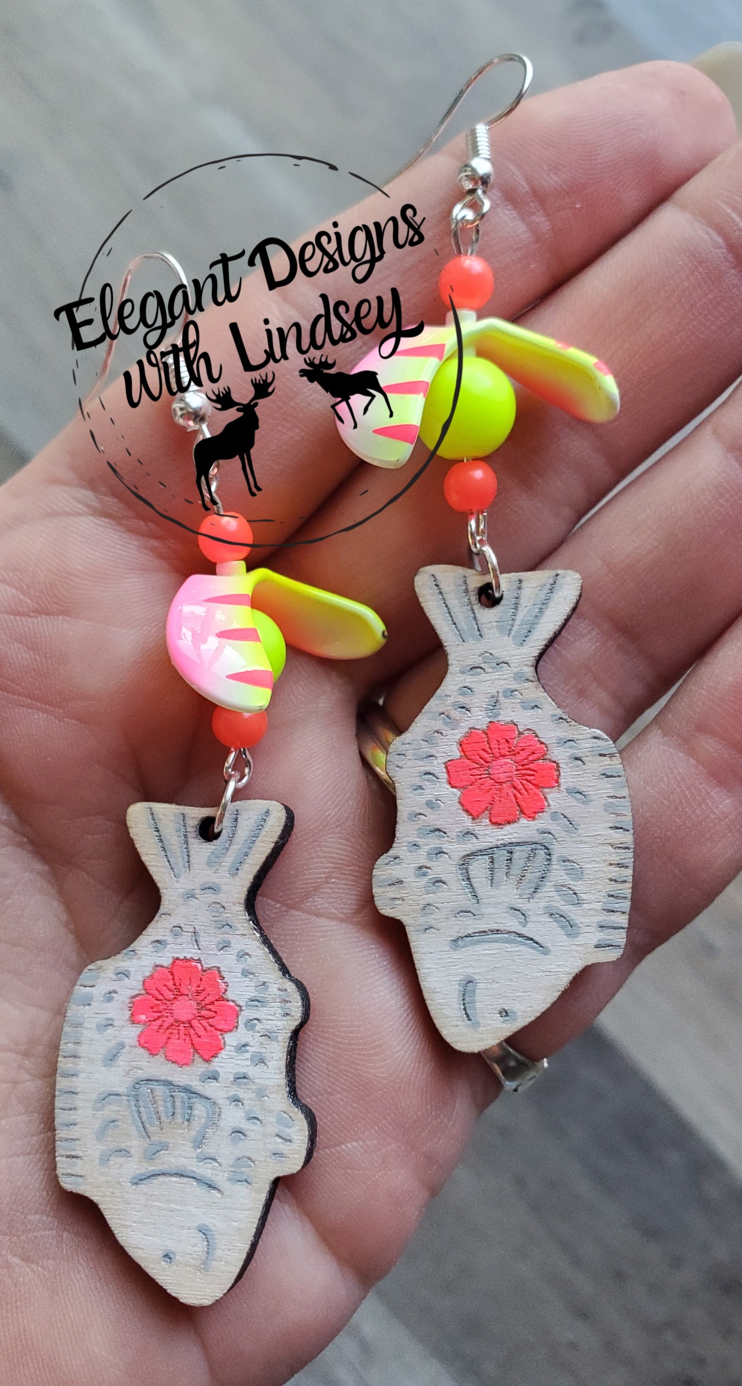 Spinner Flower Fish Hand Painted Wood Earrings