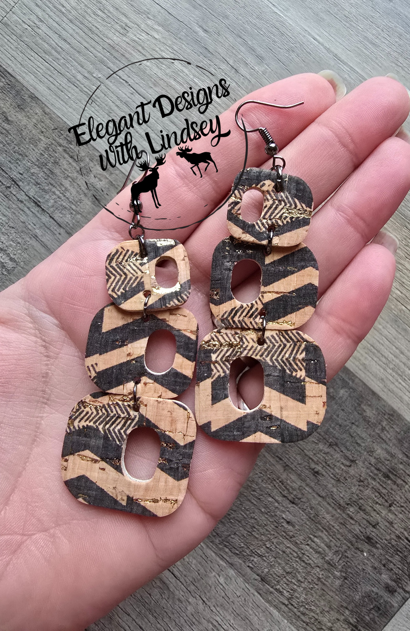 Retro Geometric Dangle Cork Backed Genuine Leather Earrings Black/Gold Flakes
