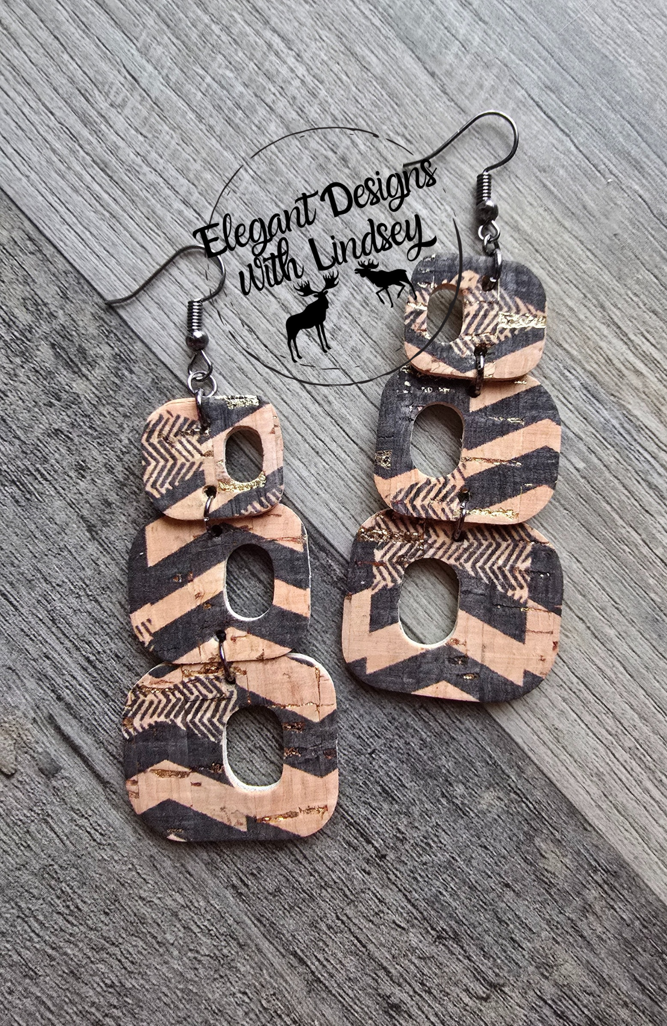 Retro Geometric Dangle Cork Backed Genuine Leather Earrings Black/Gold Flakes