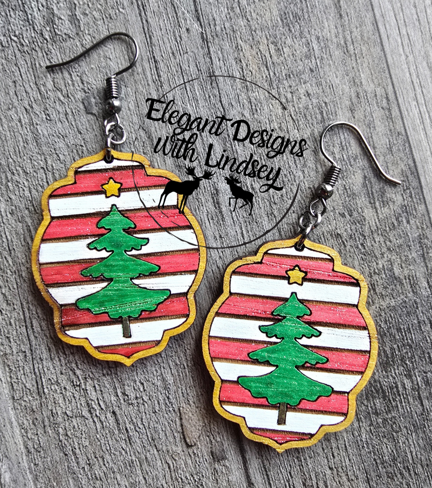Striped Tree Framed Damask Hand Painted Wood Earrings