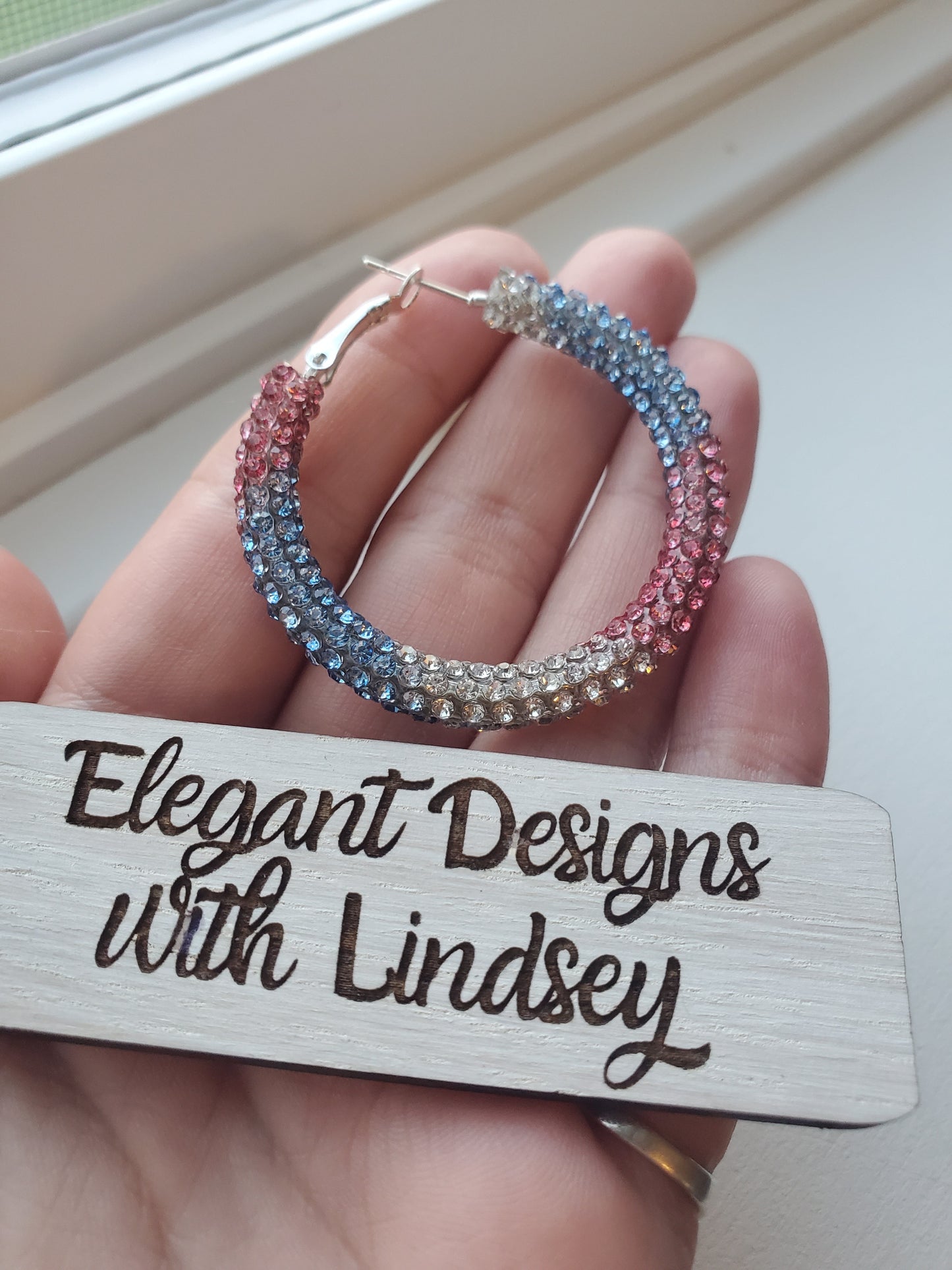 Patriotic Red White & Blue Rhinestone Hoop Earrings