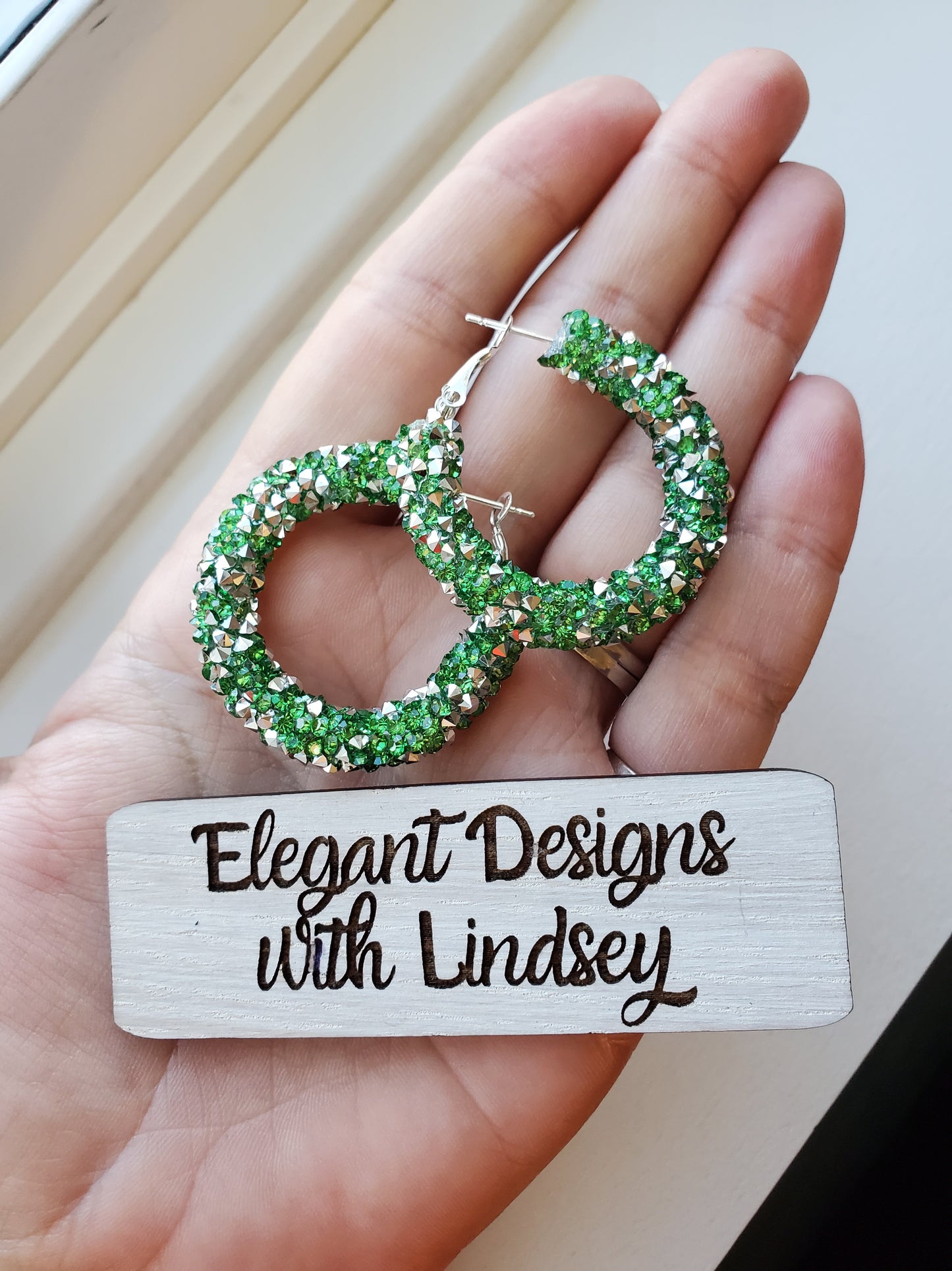 Dark Green chunky rhinestone hoop earrings