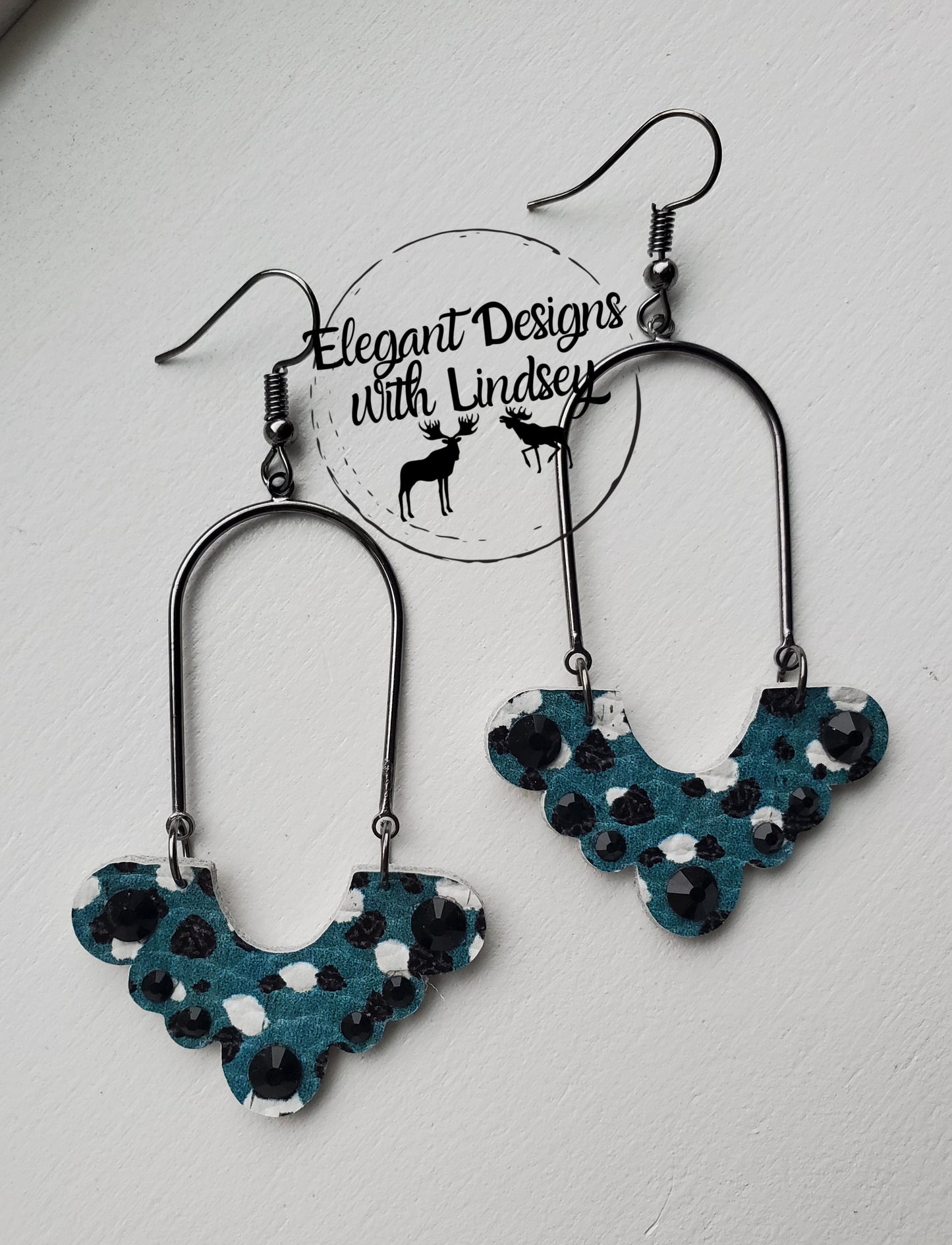 Arch teal cheetah jeweled Genuine Leather Earrings