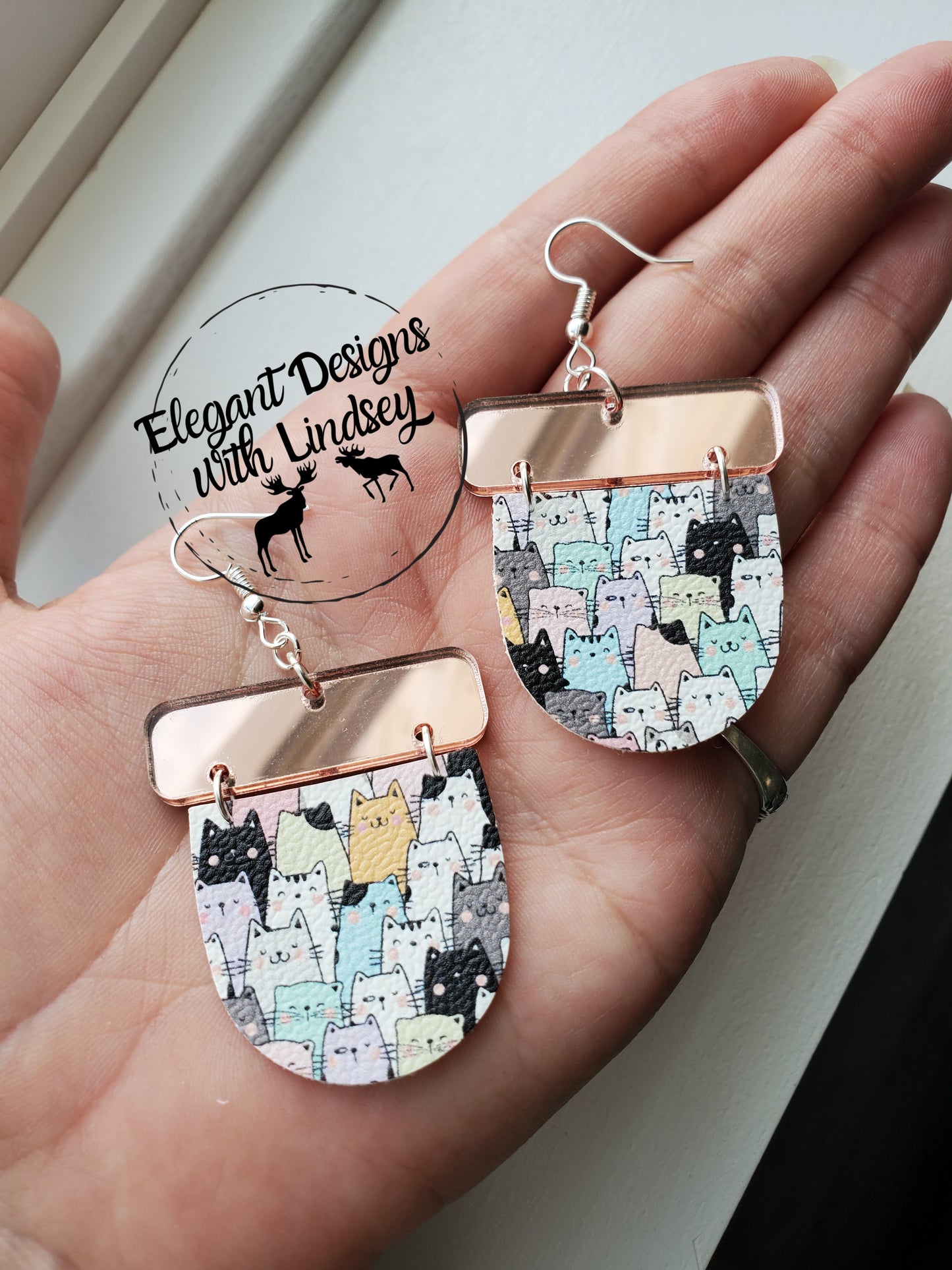 Acrylic Rose Gold Bar Kitty Faux leather earrings