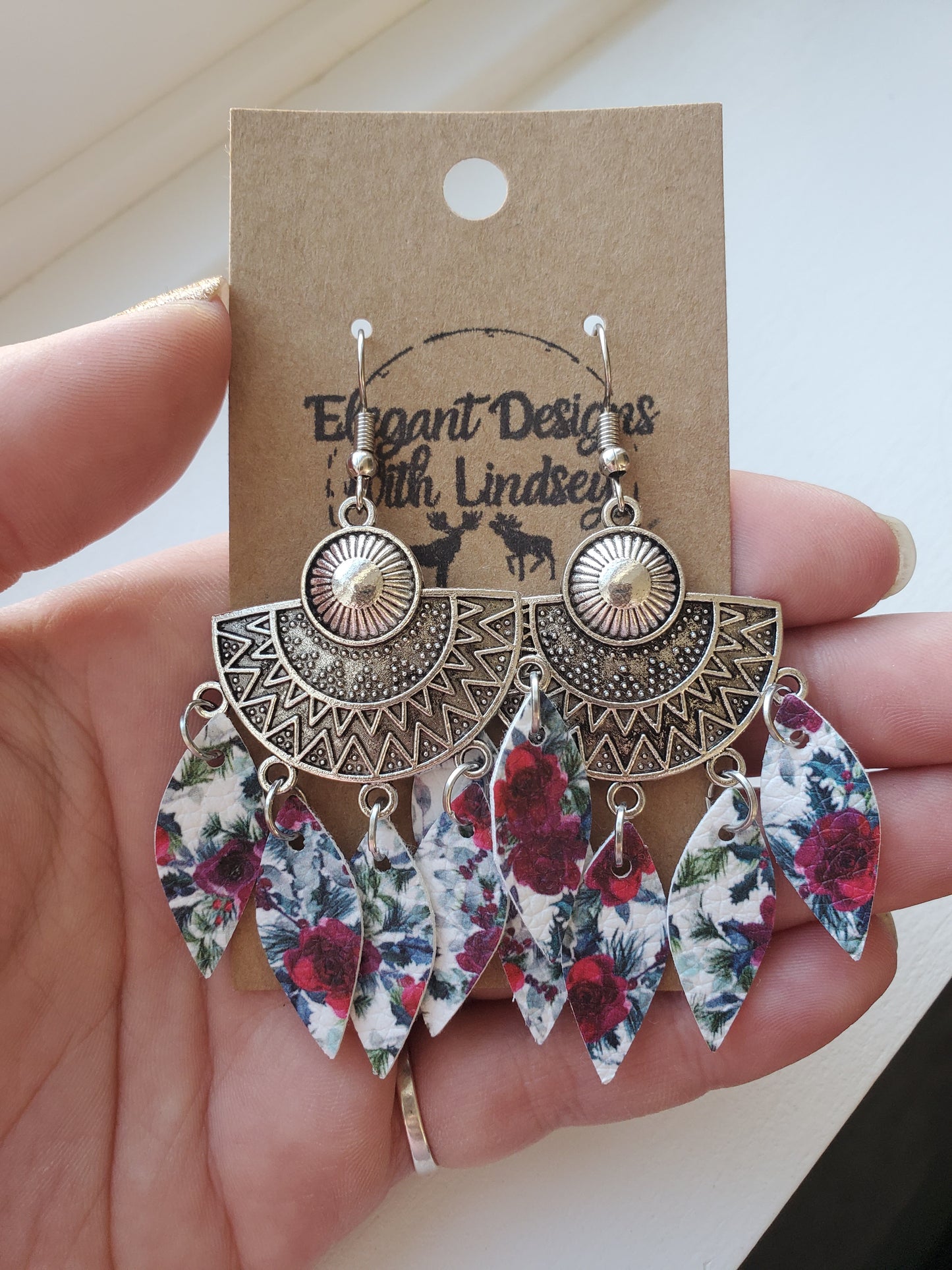 Aztec fan faux leather earrings