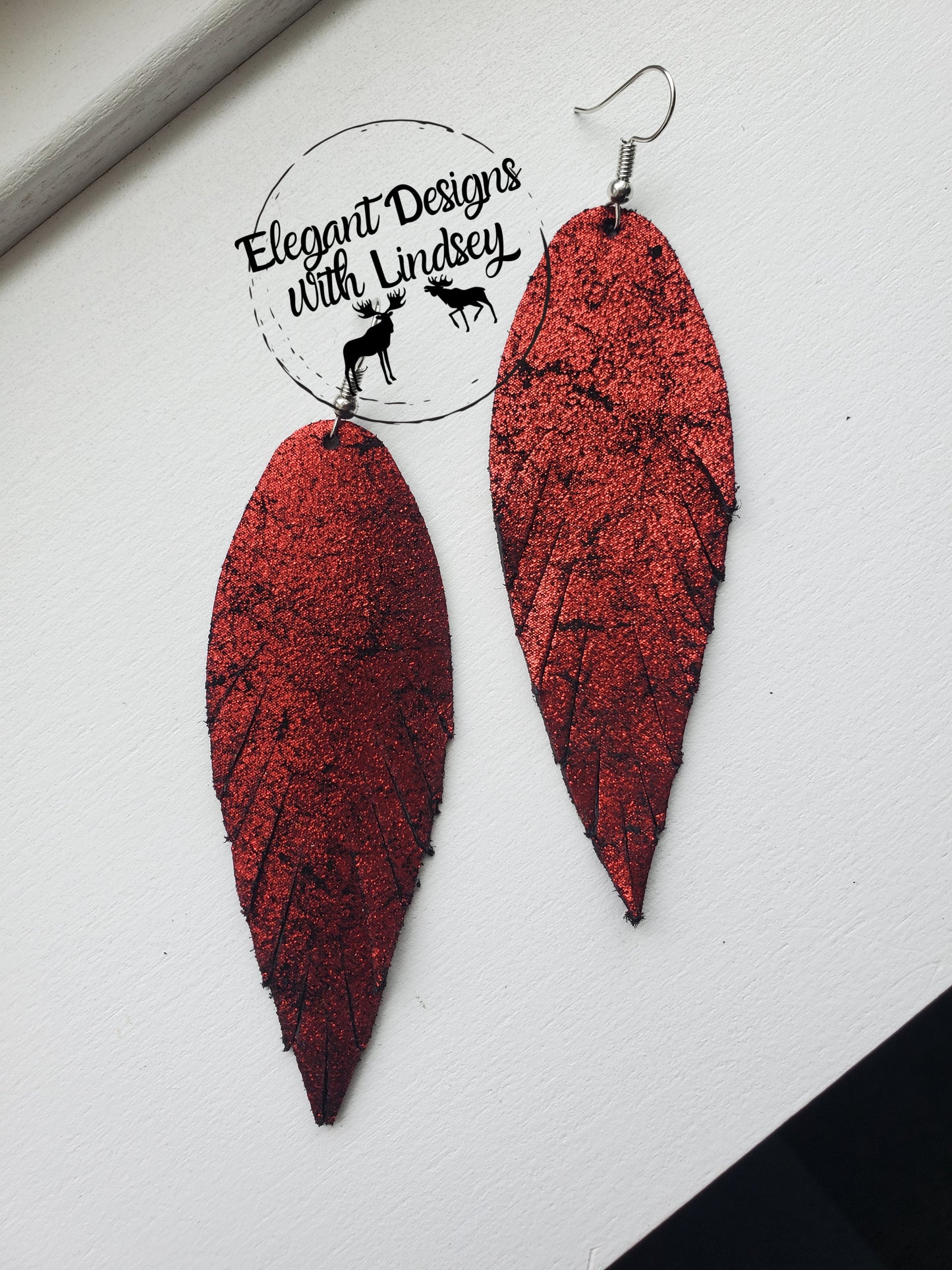 Red Metallic Genuine Leather Earrings