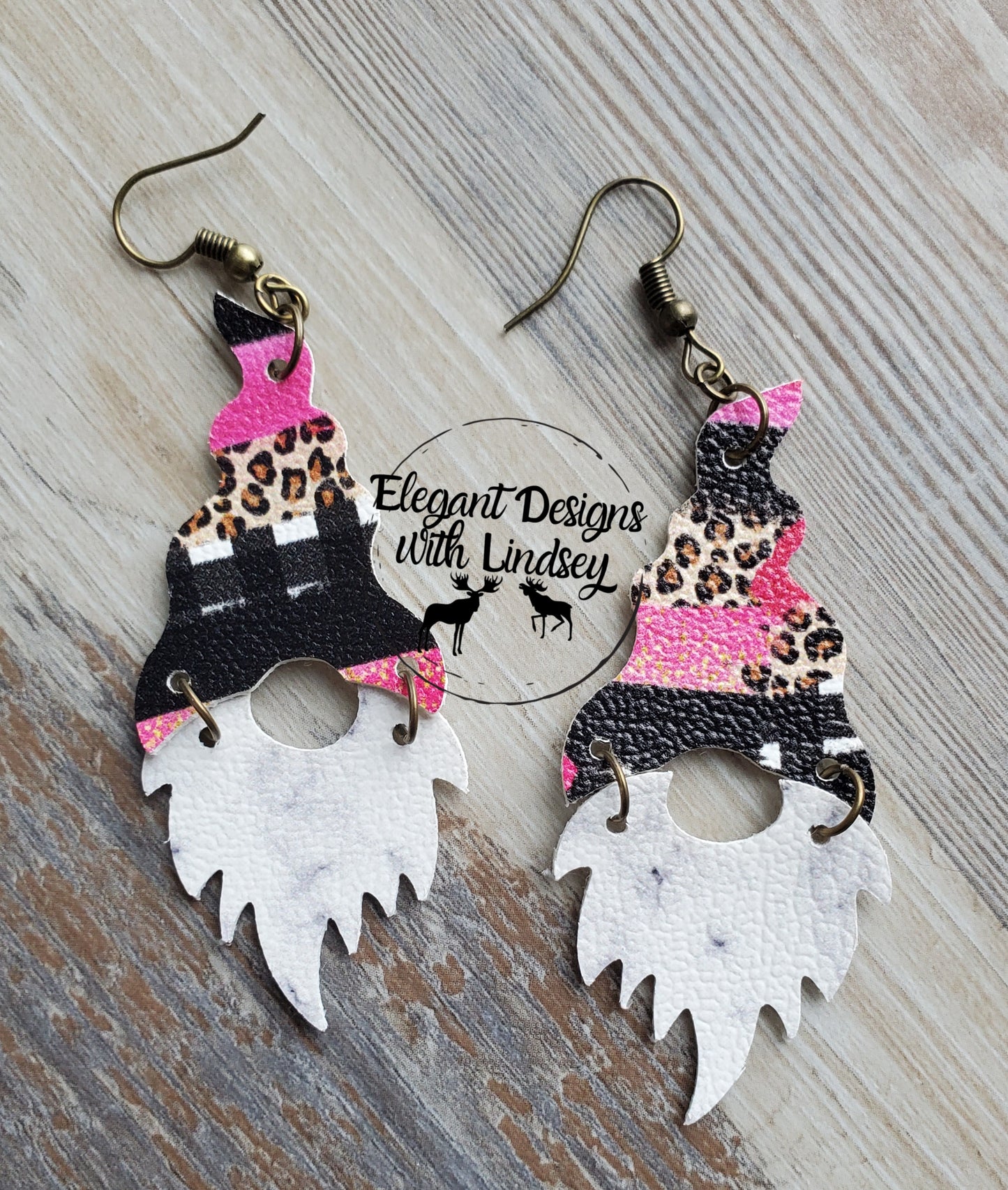 Pink cheetah Brushstrokes gnome faux leather earrings-m