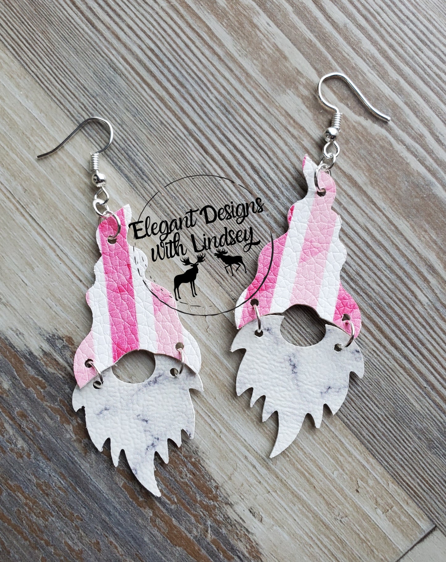 Pink Stripe gnome faux leather earrings-m