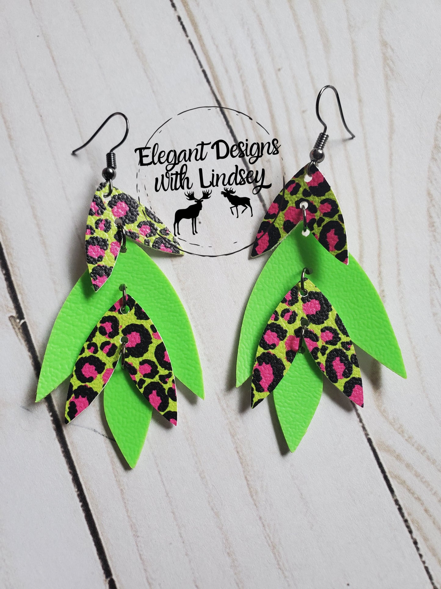 Green/Pink Cheetah Dangle Faux Leather Earrings