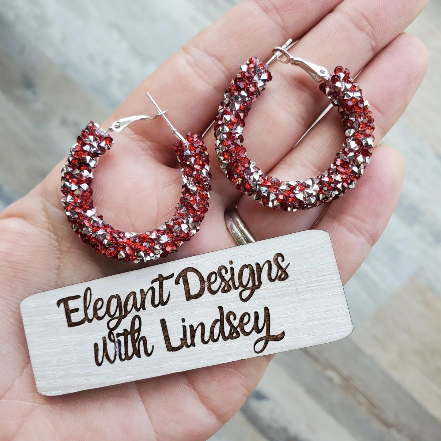 Red/silver chunky rhinestone hoop earrings