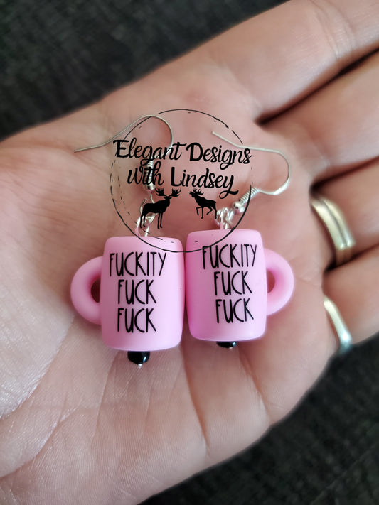 Pink FFF Coffee Mug Silicone Bead Earrings