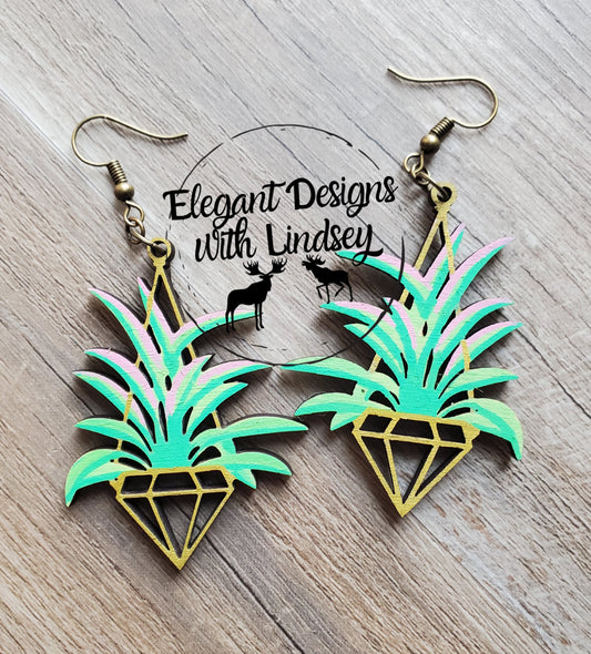 Hand Painted Hanging Air Plant Wood Earrings