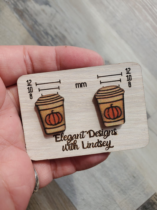 Coffee Cup Pumpkin Wood Stud Earrings