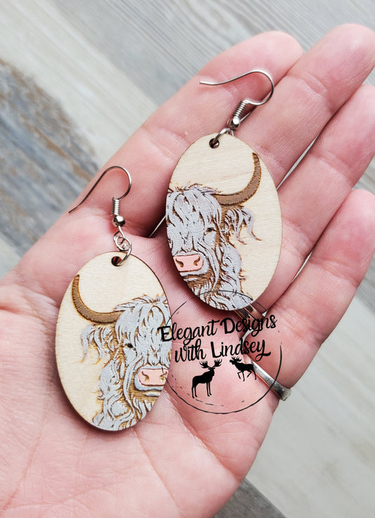 Gray Hyland Cow Hand Painted Wood Earrings