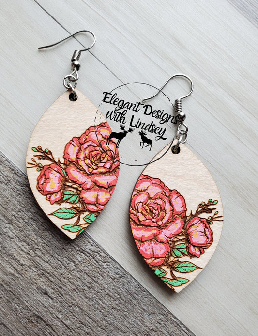 Rose Hand Painted Wood Earrings