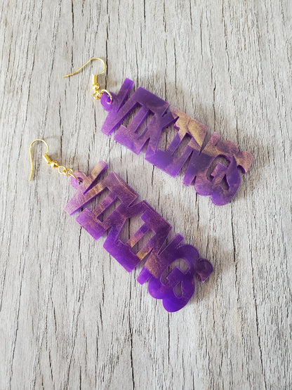 Purple/Gold Swirl Word Acrylic Earrings