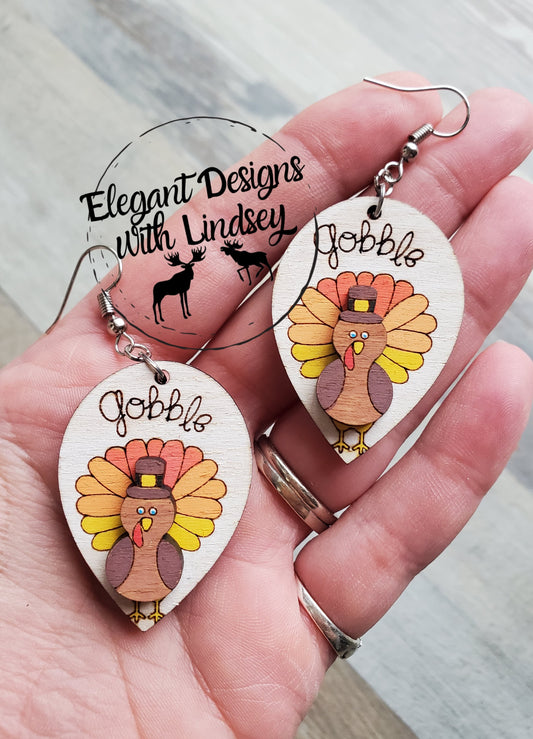 Layered “Gobble” Turkey Wood Earrings
