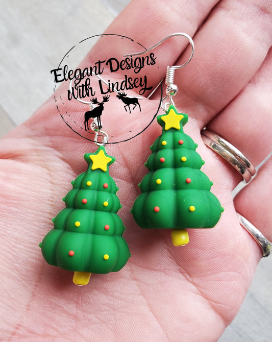 Green 3D Christmas Tree Silicone Bead Earrings