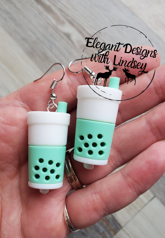 Mint Bubble Tea 3D Coffee Silicone Bead Earrings