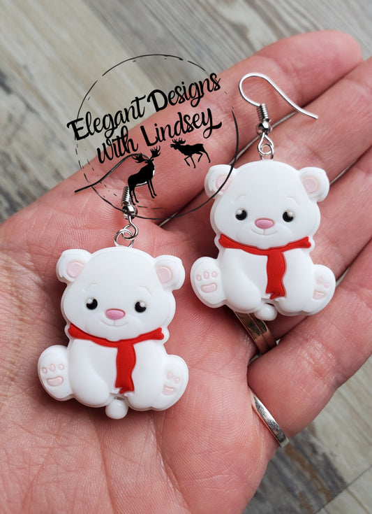Red Scarf Polar Bear Silicone Bead Earrings