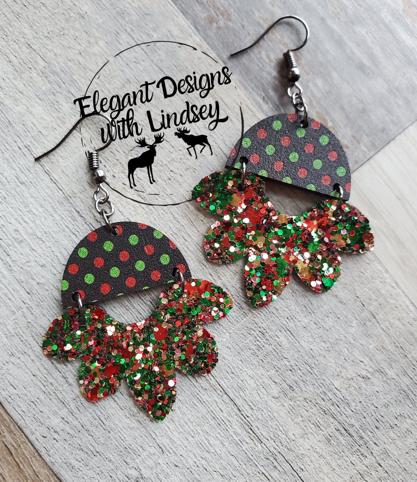 Christmas Glitter Printed Polka-Dot printed wood/Faux leather earrings