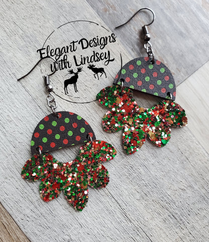 Christmas Glitter Printed Polka-Dot printed wood/Faux leather earrings