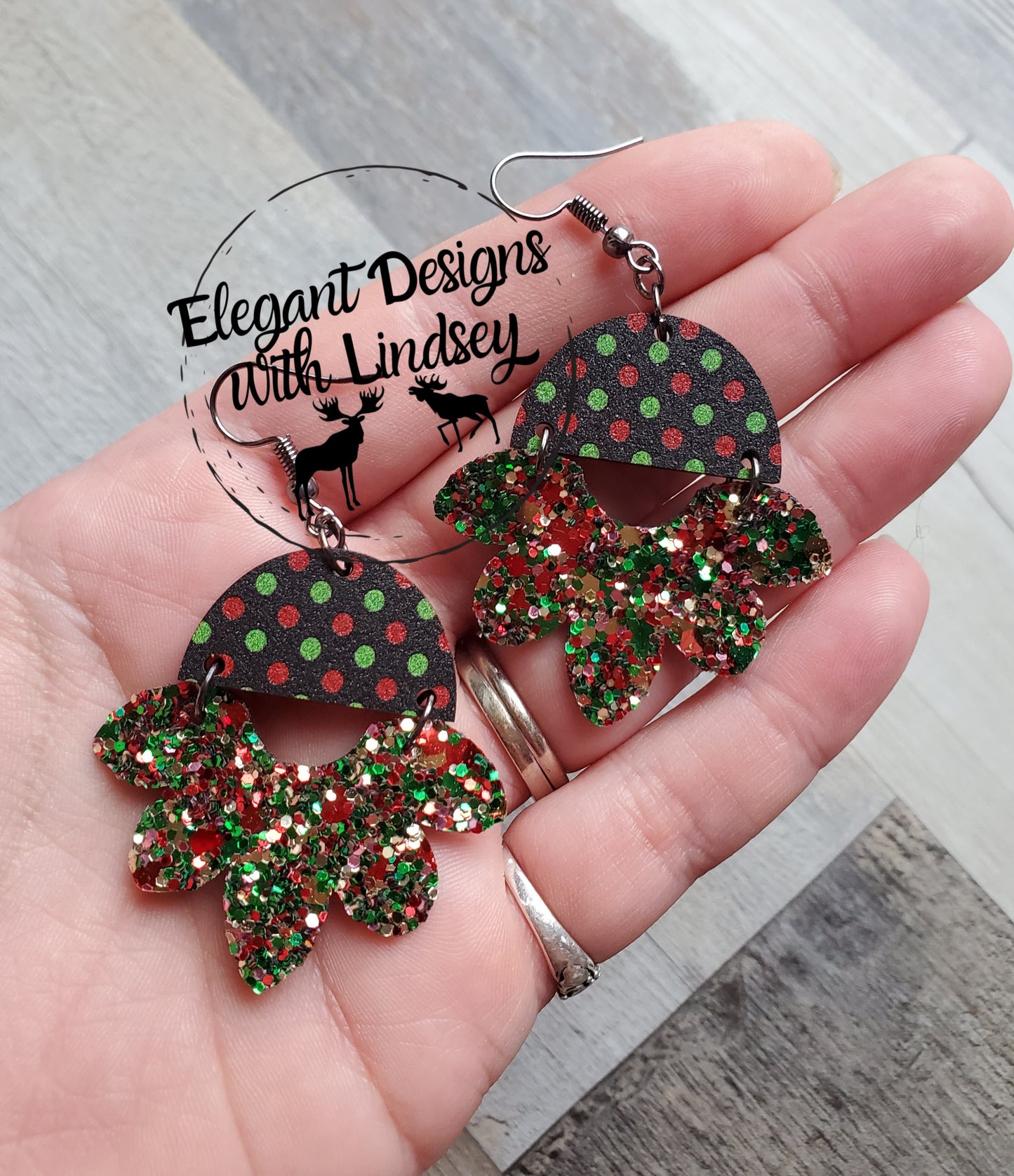 Christmas Glitter Printed Polka-Dot printed wood/Faux leather earrings
