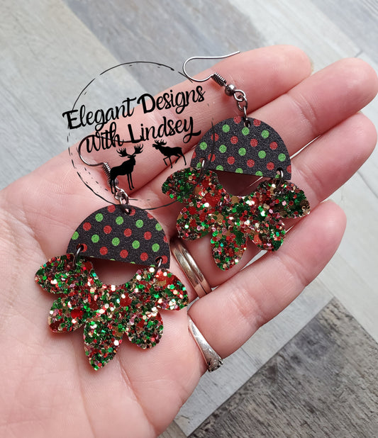 Christmas Glitter Printed Polka-Dot printed wood/Faux leather earrings