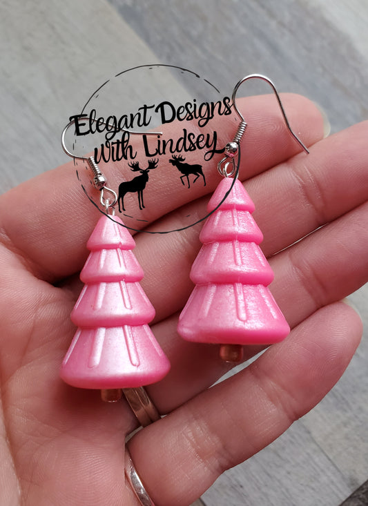 Pearl Pink Christmas Tree Silicone Bead Earrings