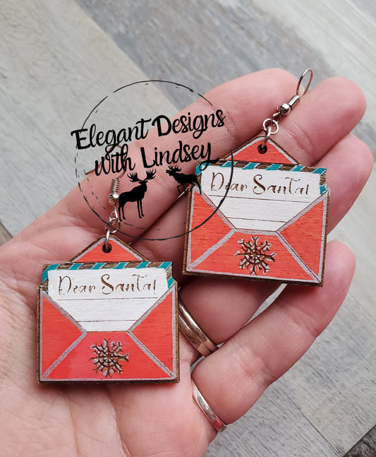 Hand Painted Santa Letter Wood Earrings